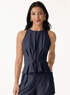 NWT OGL Summer Linen Pleated Self-Tie Top Universe Navy Cropped Women's Size S